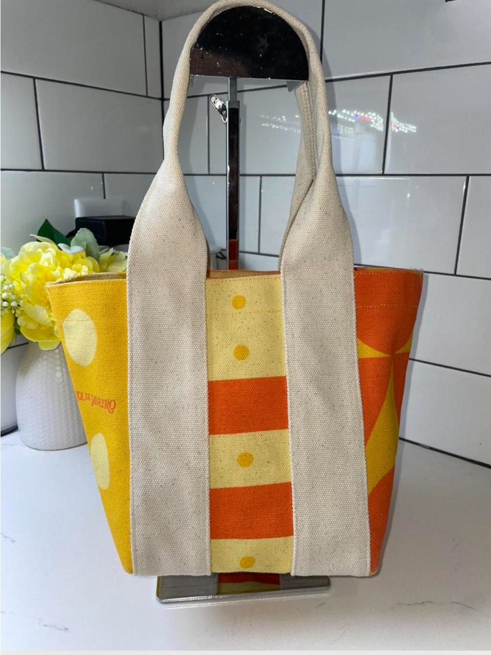 Limited ed. Sol de Janeiro mini canvas tote vibrant orange and yellow striped